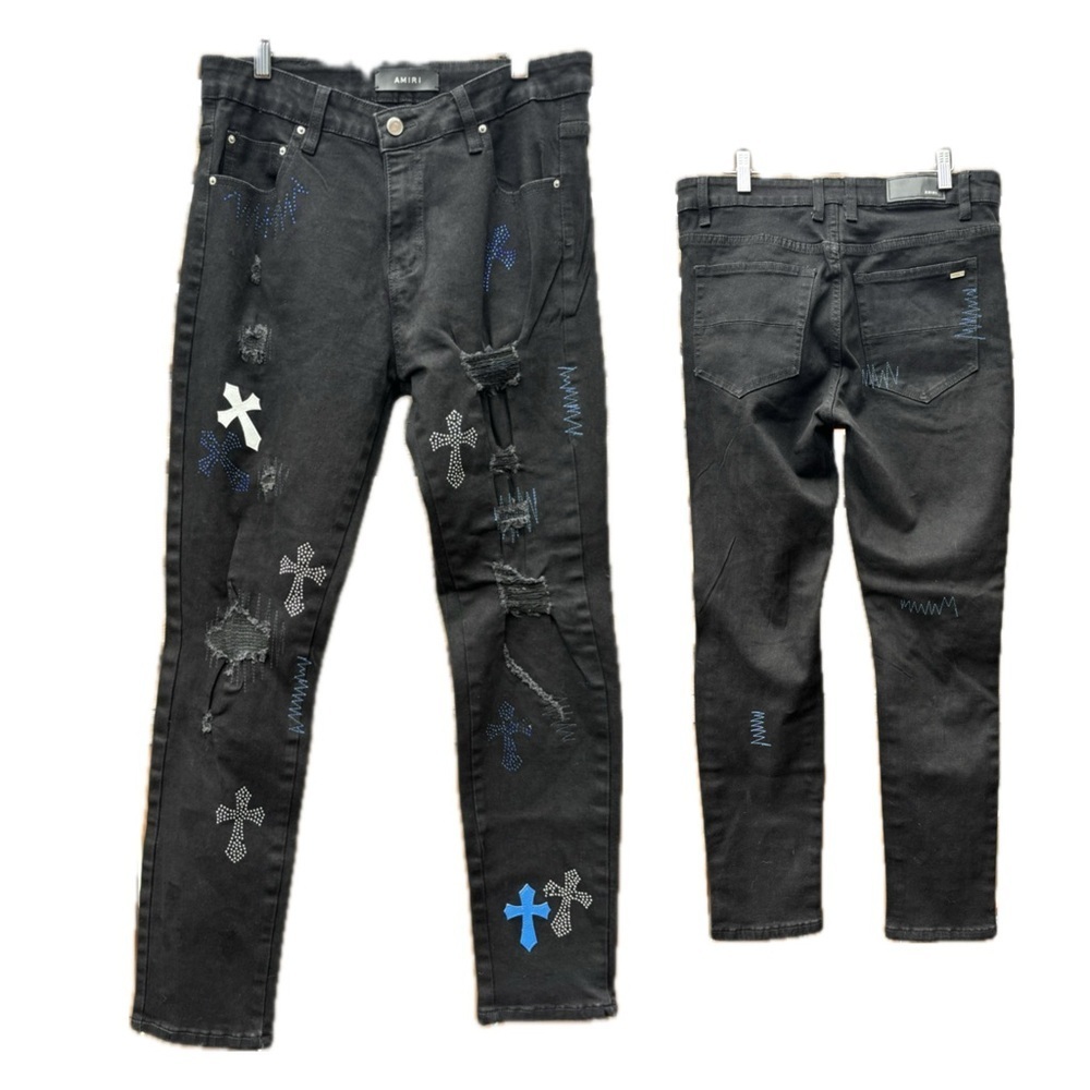 AMIRI Black Skinny Jeans Distressed Jeweled Design Men's Size 32 Inseam 28"